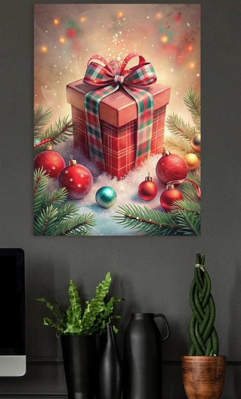 Festive Christmas Gift with Ornaments — metal poster wall art by Lineer